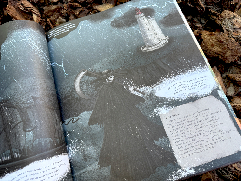 Strona z książki Atlas zaświatów – wikingowie w drodze do Walhalli, ilustracja o wierzeniach nordyckich.