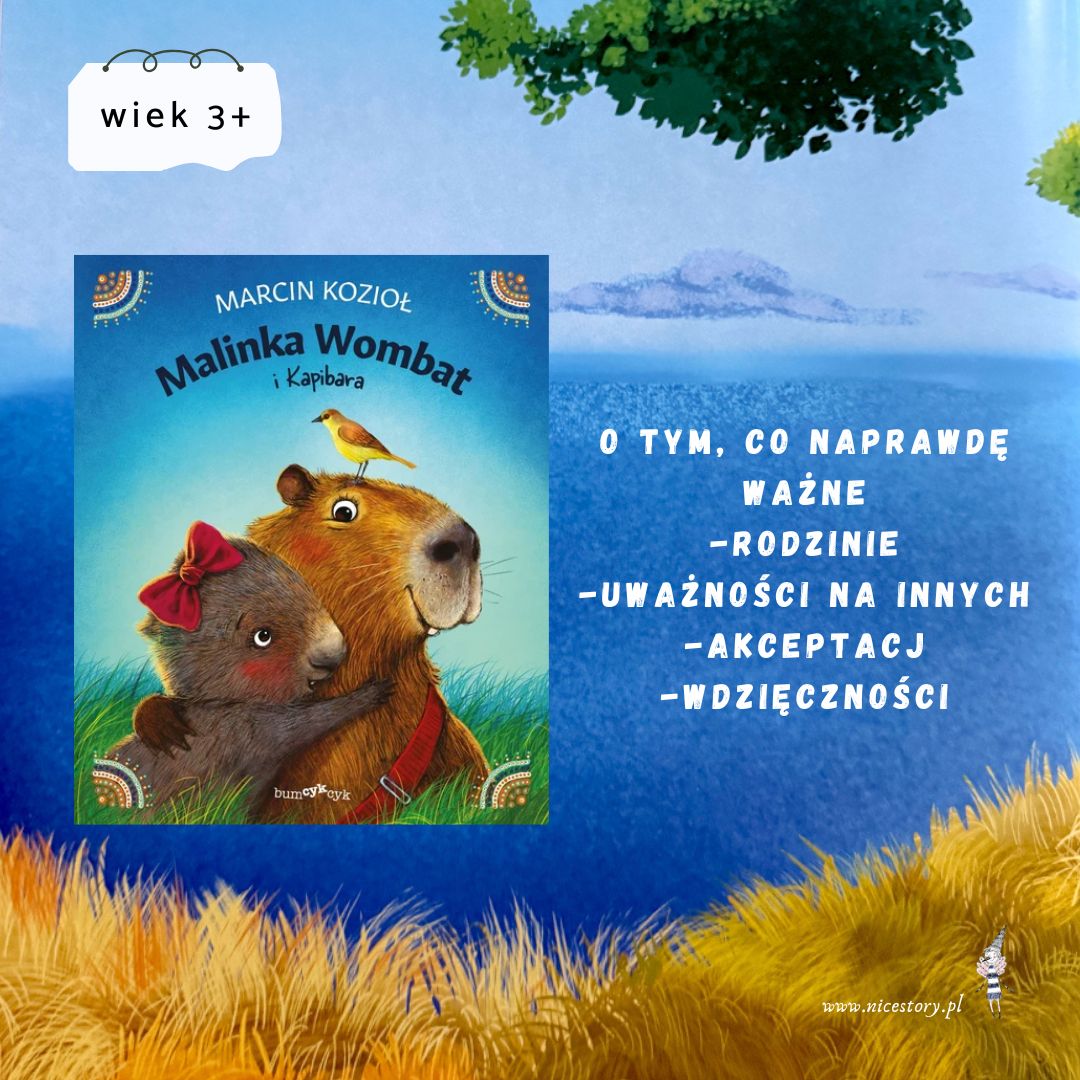 Malinka Wombat i Kapibara - okładka książki dla dzieci o rodzinie, emocjach, empatii.