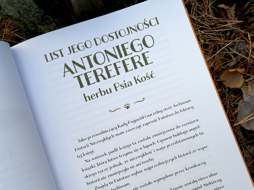 Strona tytułowa z napisem „List Jego Dostojności Antoniego Terefere herbu Psia Kość” – początek opowieści w książce Psyjaciele.