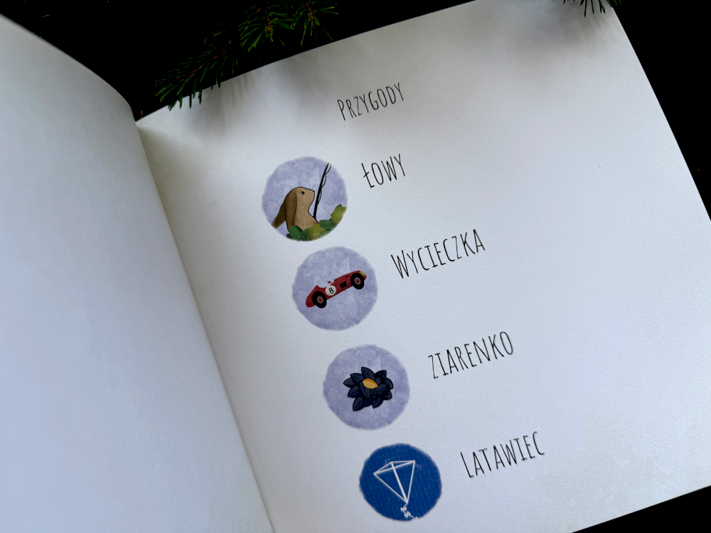 Spis treści książki Cedryk i Teodor, prezentujący cztery rozdziały: „Łowy”, „Wycieczka”, „Ziarenko” i „Latawiec”, utrzymany w zielonej, leśnej stylistyce ilustracji.