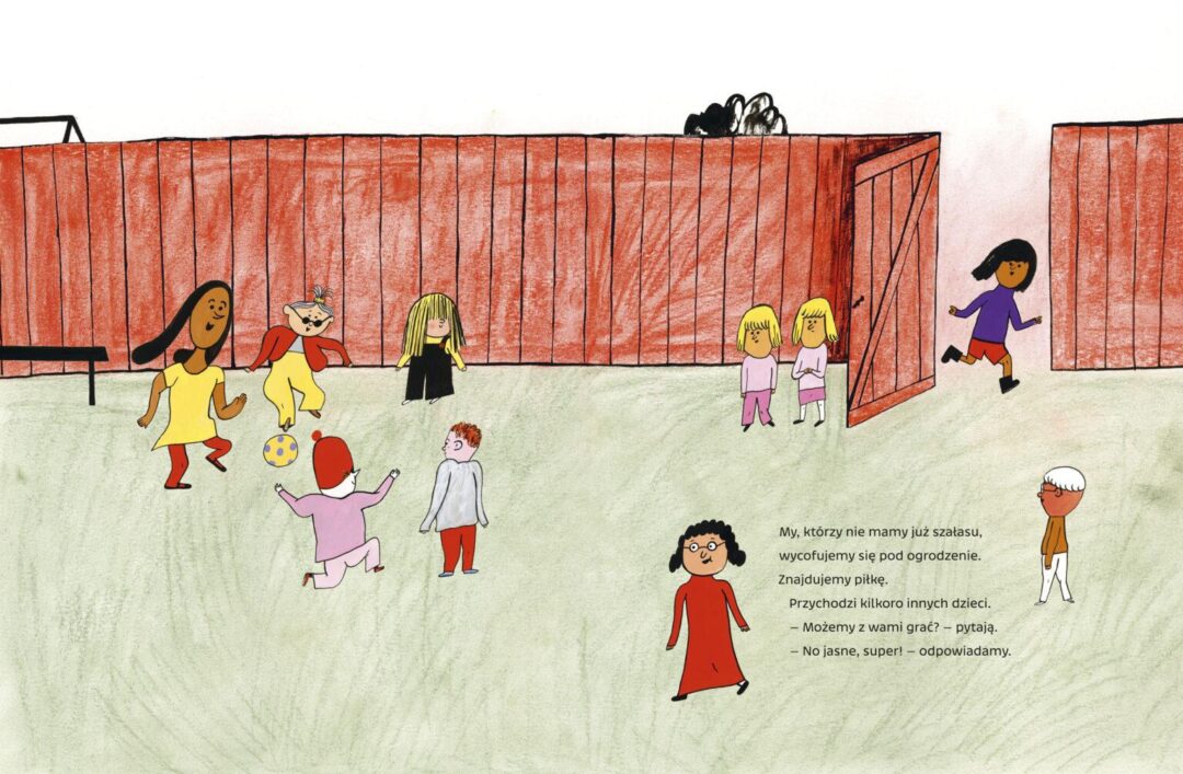 Kto tu rządzi ilustracja z książki przedstawiająca dzieci na podwórku