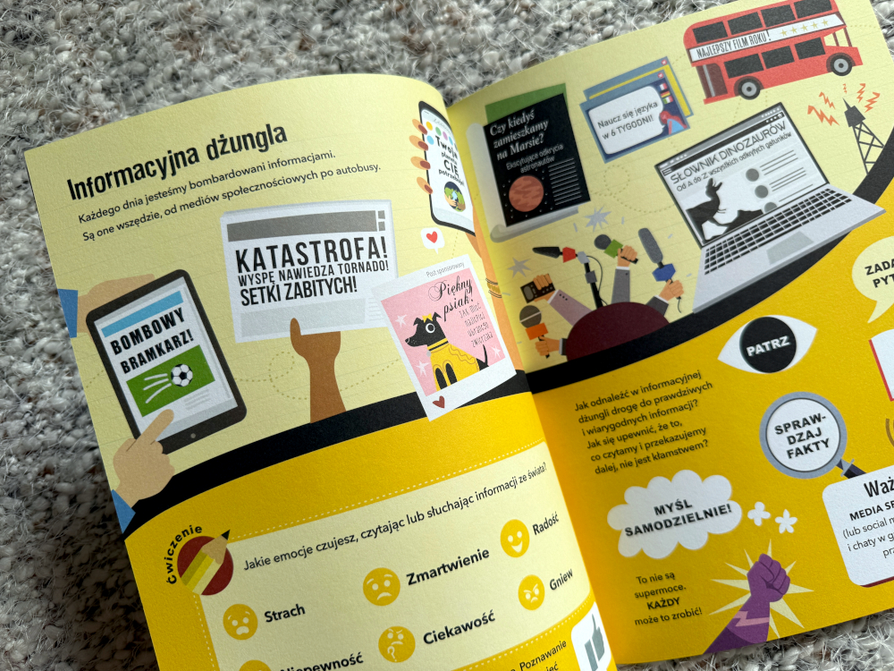 Ilustracja z książki Misja Prawda pokazująca różnicę między faktami a przypuszczeniami – przykłady wiadomości i wyjaśnienia.
