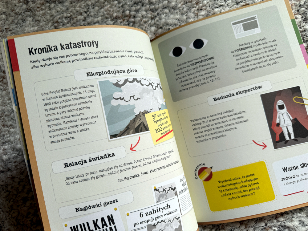 Strona z poradnika tropicieli faktów  z rozdziałem Kronika katastrofy – grafiki i ćwiczenia o weryfikowaniu informacji w mediach.