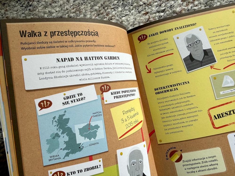 Fragment książki Misja Prawda z rozdziałem Walka z przestępczością – ilustracje o pracy detektywów i odkrywaniu prawdy.