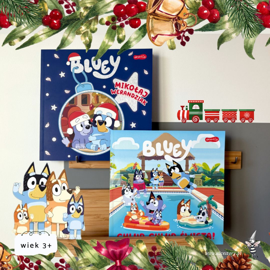 Okładka książki Święta z Bluey – Bluey i rodzina Łączków w świątecznym nastroju, choinka i prezenty w tle