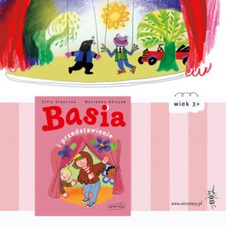 Okładka książki Basia i przedstawienie – Basia stojąca na scenie w jasnym świetle reflektorów, uśmiechnięta i gotowa do występu, w charakterystycznej czerwonej bluzce w paski.