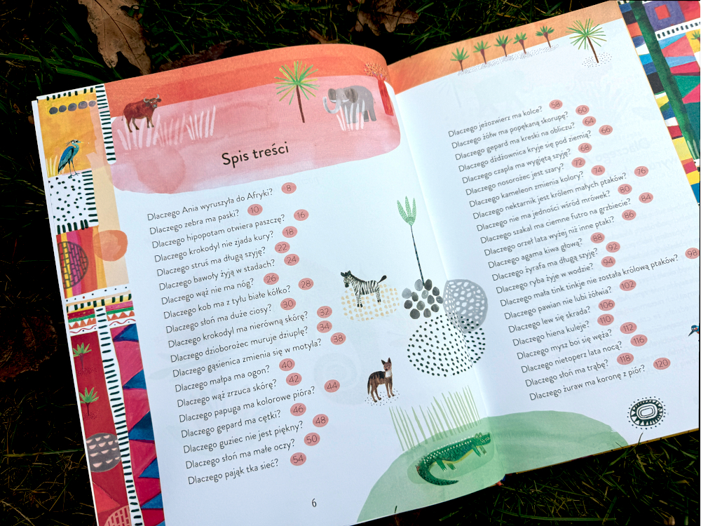 Spis treści książki z afrykańskimi opowieściami o zwierzętach dla dzieci.