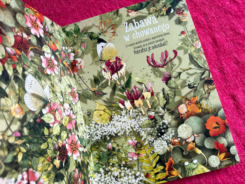 Rozkładówka z książki o wróżkach – kwiaty, liście i ukryte postacie zachęcające dzieci do zabawy w wyszukiwanie.