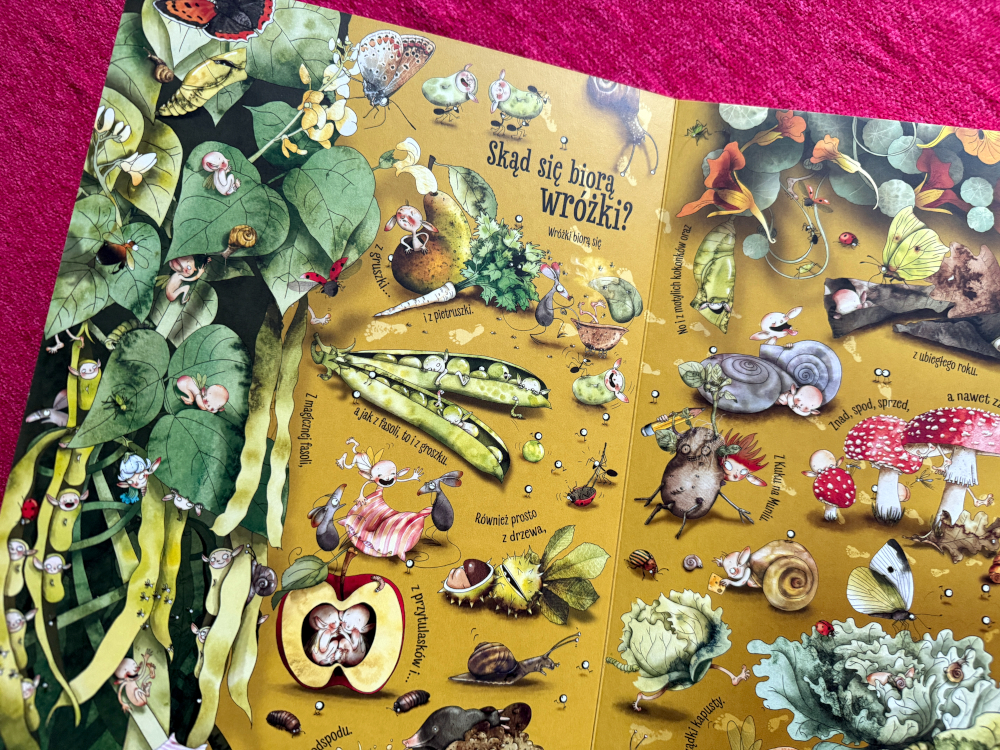 Ilustracja z książki „Fakty i plotki o wróżkach” – magiczny świat pełen detali, wróżek, książek i zabawnych scen.