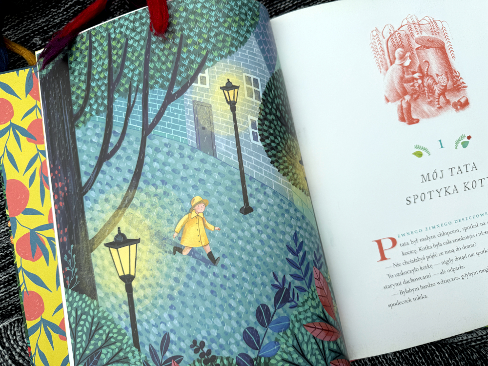 Ilustracja z książki Smok mojego taty – chłopiec w żółtym płaszczu idzie przez park nocą, pod latarniami, w otoczeniu kolorowych drzew.