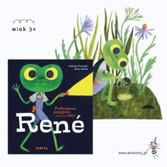 Okładka książki Podziemna przygoda odważnej żaby Rene autorstwa Gosi Herby i Mikołaja Pasińskiego – zielona żaba gra w szachy z dżdżownicą i owadem. Książka dla dzieci o ciekawości świata i odwadze