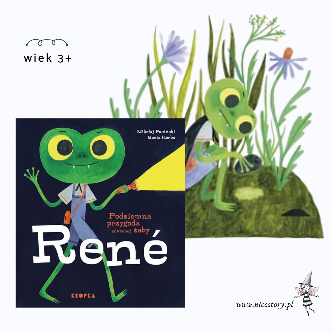 Okładka książki Podziemna przygoda odważnej żaby Rene autorstwa Gosi Herby i Mikołaja Pasińskiego – zielona żaba gra w szachy z dżdżownicą i owadem. Książka dla dzieci o ciekawości świata i odwadze