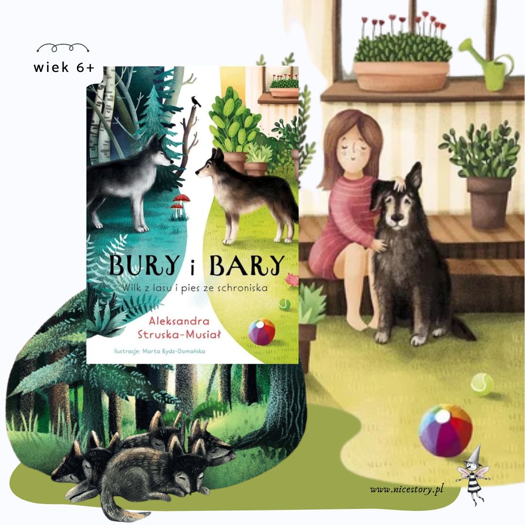 Okładka książki dla dzieci Bury i Bary – poruszająca opowieść o wilku i psie, książka o empatii i losach zwierząt