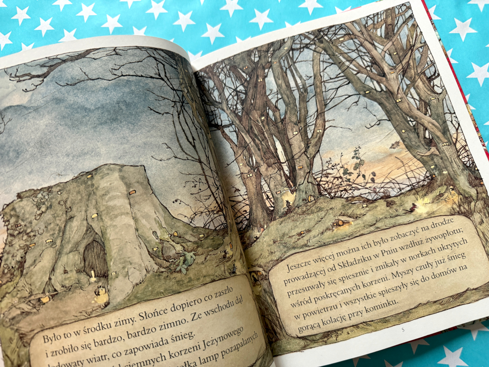Ilustracja z książki Zima w Jeżynowym Grodzie – mysie opowieści zimą, detale wnętrza i przytulny klimat