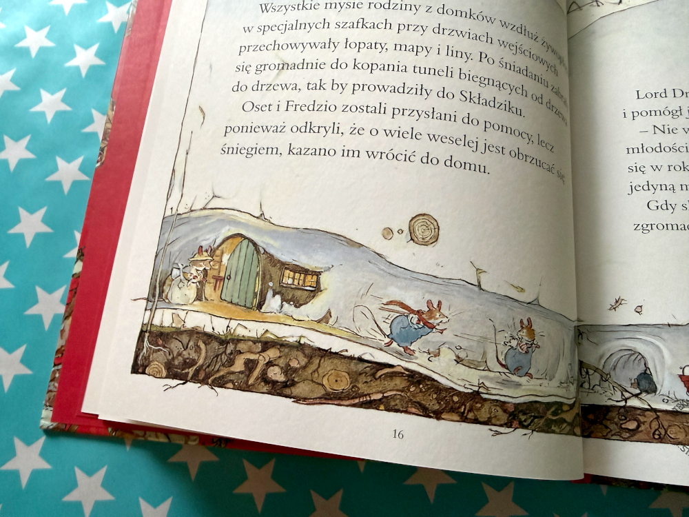 Strona książki Zima w Jeżynowym Grodzie – nastrojowe ilustracje w retro stylu dla dzieci - myszki drążą poziemne śnieżne korytarze