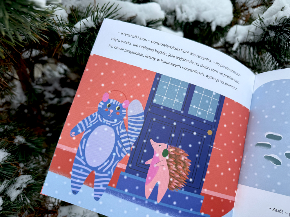 Precelek poznaje śnieg – ilustracja z książki Precelek i Jeżyk