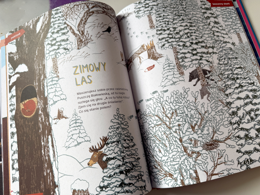Strona z książki Fabryka Opowieści z motywem leszego i miejscem do rysowania – kreatywna zabawa rozwijająca wyobraźnię.