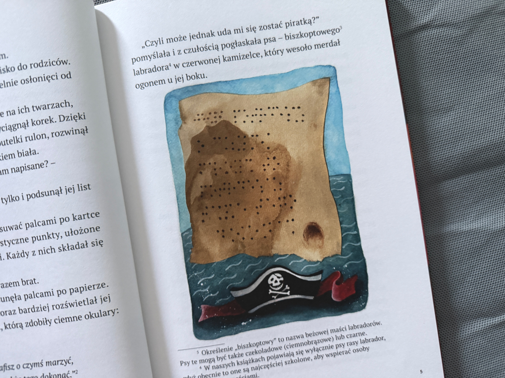 Ilustracja z książki Marzenia Mili przedstawiająca stary pergamin z alfabetem Braille'a na tle morskich fal i pirackiego kapelusza.