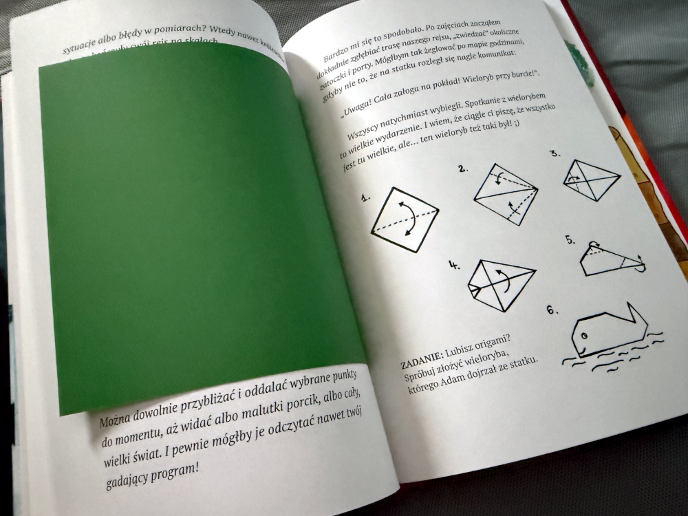 Strona z książki Marzenia Mili zawierająca instrukcję obrazkową origami – jak złożyć wieloryba z papieru krok po kroku.