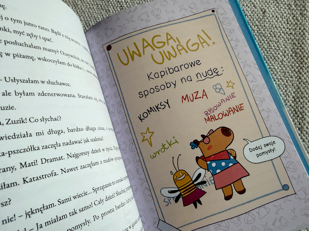 Interaktywna strona książki Opowieści Kapibary o przyjaźni – kapibarowe sposoby na nudę, książka o emocjach dla dzieci.