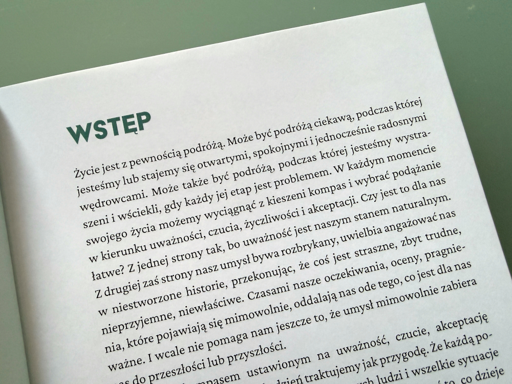 Wstęp do książki Przewodnik po uważności dla dzieci – strona z tekstem wprowadzającym do tematu uważności i obecności tu i teraz