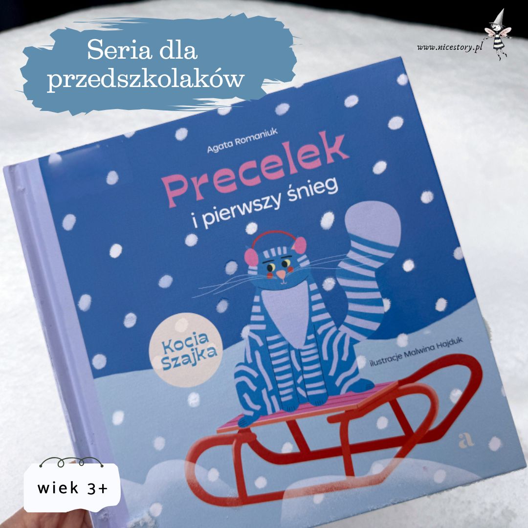 Okładka książki Precelek i pierwszy śnieg – zimowa opowieść dla najmłodszych o pierwszym spotkaniu ze śniegiem. Książka dla przedszkolaków z ilustracjami Malwiny Hajduk.