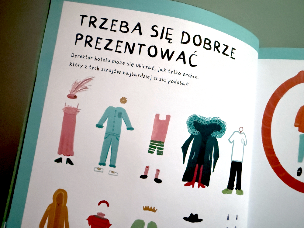 lustracja z książki Hotel dla uczuć. Zeszyt ćwiczeń pokazująca inspiracje do rysowania hotelu emocji oraz kolorowe drzwi symbolizujące różne uczucia i potrzeby dziecka.