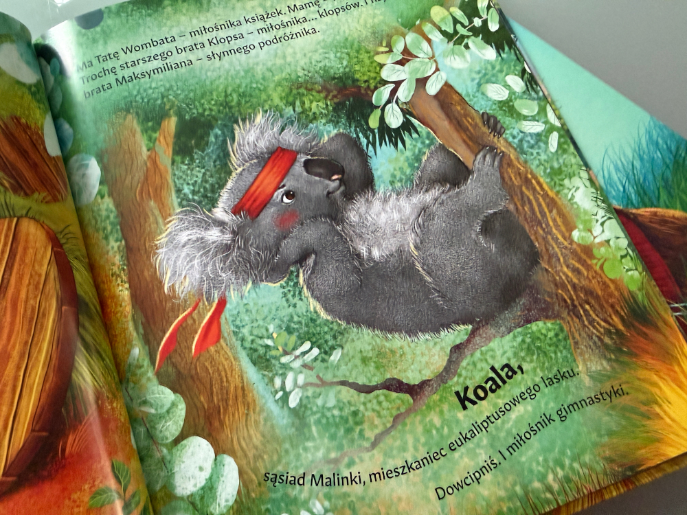Koala na drzewie – ilustracja z książki Malinka Wombat i Koala, przedstawiająca zwierzęta i australijską przyrodę
