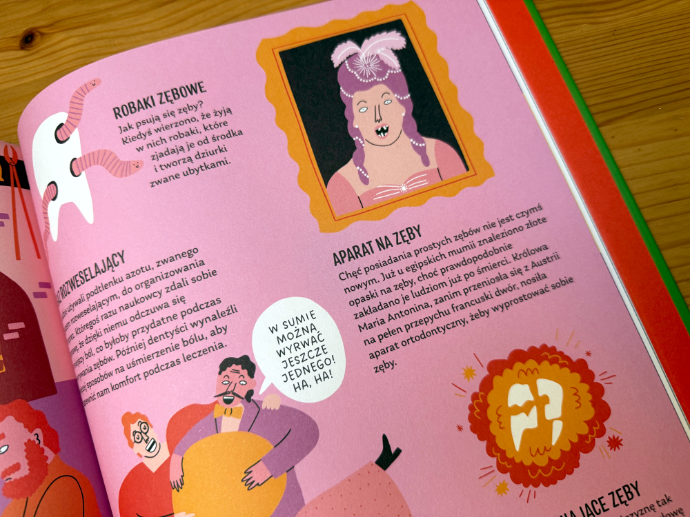 Jak wyglądało leczenia zębów w danych czasach - strona z książki dla dzieci
