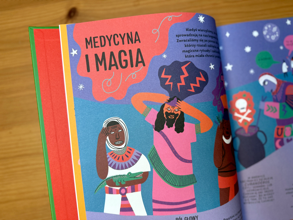 Strona książki Obłędna historia medycyny — rozdział Medycyna i magia; kolorowe ilustracje rytuałów i postaci leczniczych; historia medycyny dla dzieci