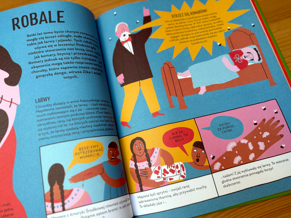 Rozkładówka Robale z Obłędna historia medycyny — komiks edukacyjny o larwach i metodach leczenia; świetne ilustracje dla młodych czytelników