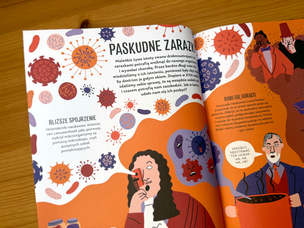 Strona Paskudne zarazki z Obłędna historia medycyny — grafiki mikroorganizmów i przystępny tekst o chorobach; książka edukacyjna dla dzieci