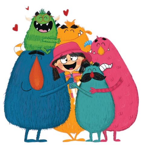 Potwory też mają uczucia - bohaterzy książki razem przytulają dziewczynkę