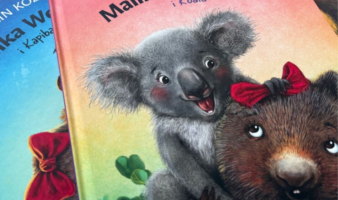 Okładka książki Malinka Wombat i Koala – bohaterowie serii o Malince Wombat na tle australijskiej przyrody