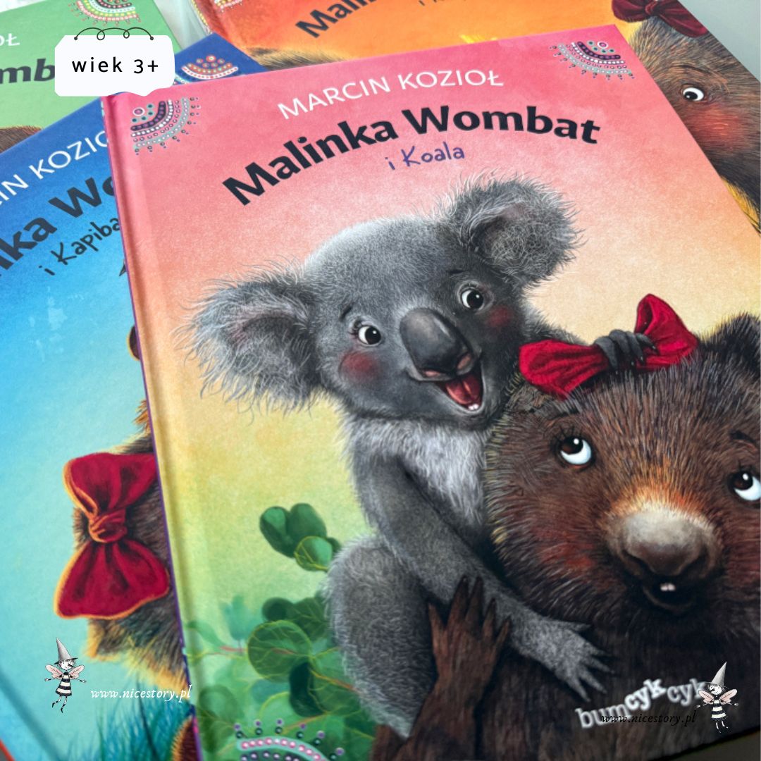 Okładka książki Malinka Wombat i Koala – bohaterowie serii o Malince Wombat na tle australijskiej przyrody