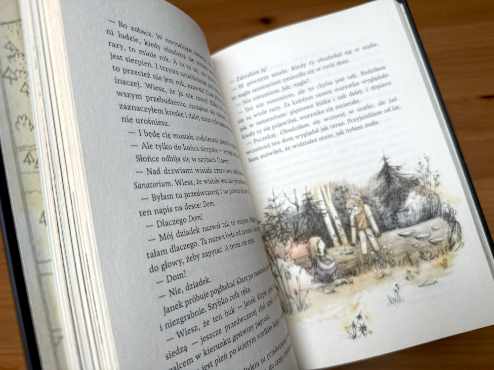 Ilustracja z książki „Wylinka” – Klara i Janek podczas rozmowy na górskiej polanie, scena podkreślająca motyw przyjaźni, pamięci i przemijania.