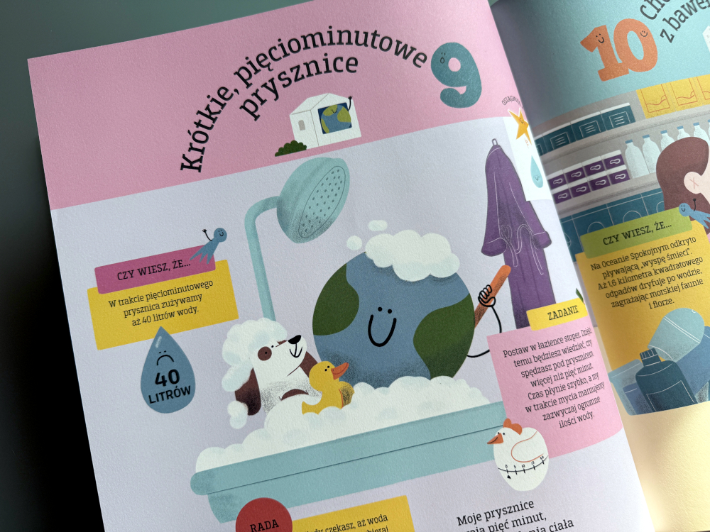 Strona książki Kochana planeto o krótkich pięciominutowych prysznicach i oszczędzaniu wody przez dzieci.