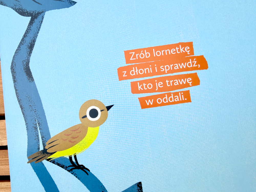 Strona książeczki na drewnianym stole: żółto-brązowy ptak z okrągłą lornetką siedzi na niebieskiej nodze, pomarańczowe naklejki z polskim tekstem o odległościach i zagadce, jasne niebieskie tło z geometrycznymi liniami