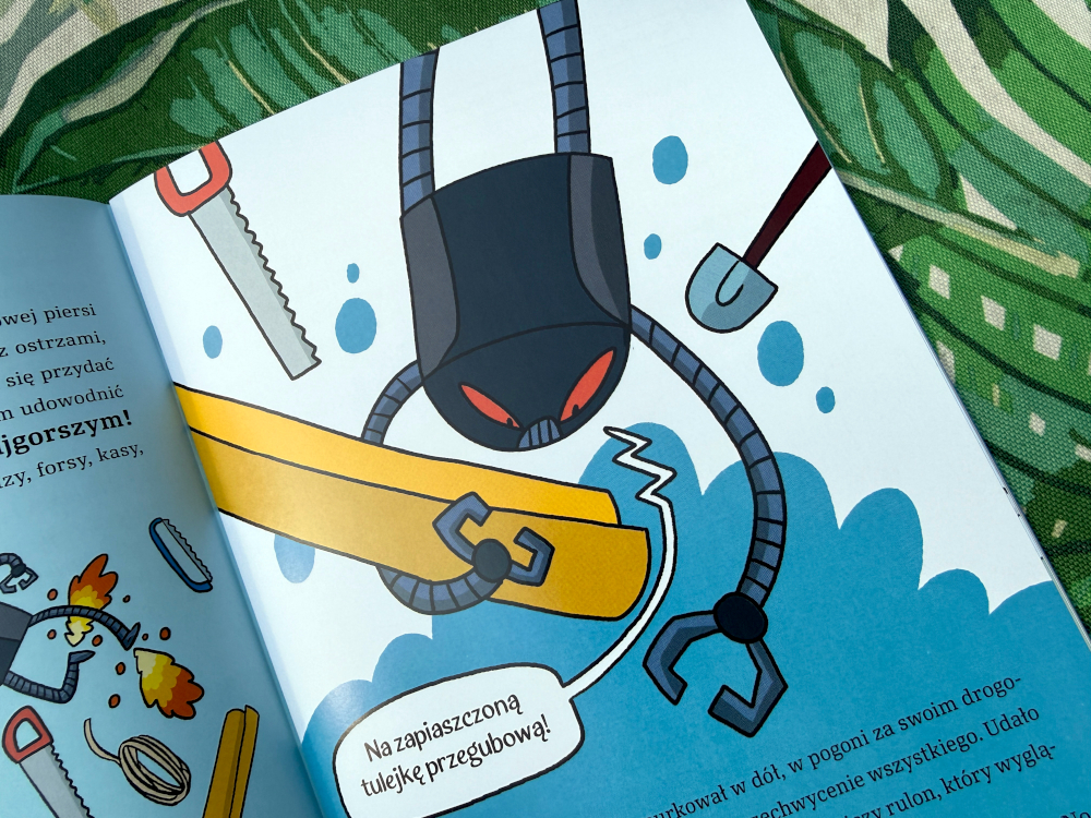 Kadr z komiksu: robotyczne ramię z chwytakiem przecina żółty element, widoczne narzędzia i dynamiczna scena akcji
