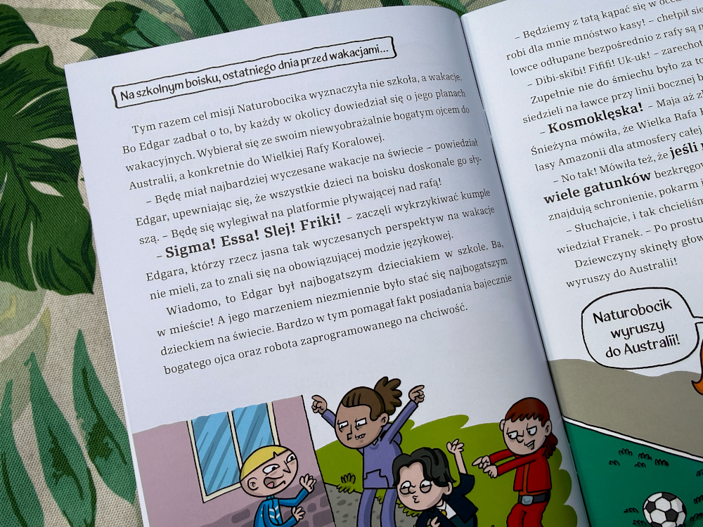 Ilustracja z postaciami dzieci i dwoma robotami. Postać Laury, Mai, Franka, Edgara oraz Naturobocika i Chytrobota.