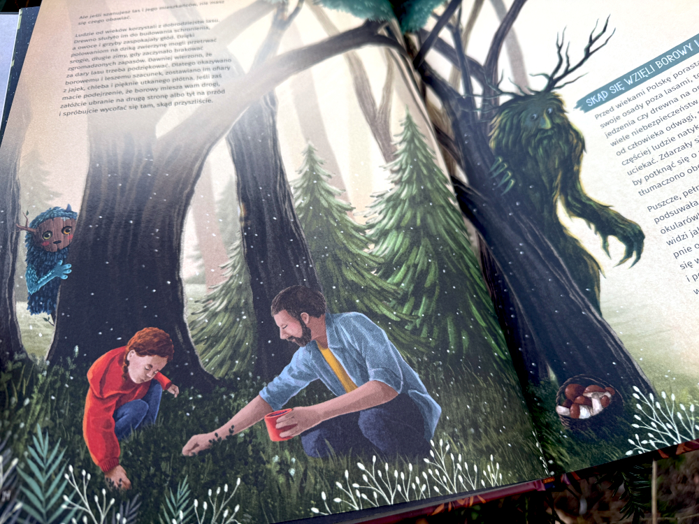 Ilustracja Borowego w lesie z książki Słowiańskie Stwory – dzieci z dorosłym zbierają rośliny wśród drzew