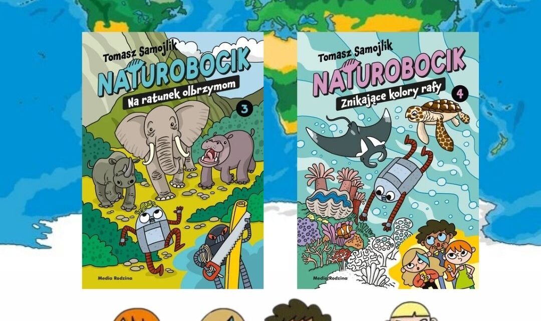 Okładka komiksu Naturobocik: kolorowa ilustracja robota i dzieci, motyw przyrodniczy oraz elementy ekologicznej misji