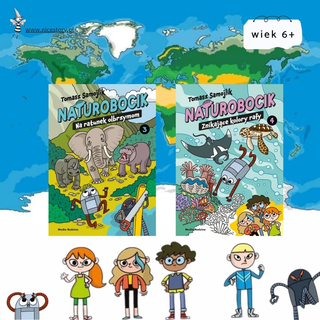 Okładka komiksu Naturobocik: kolorowa ilustracja robota i dzieci, motyw przyrodniczy oraz elementy ekologicznej misji