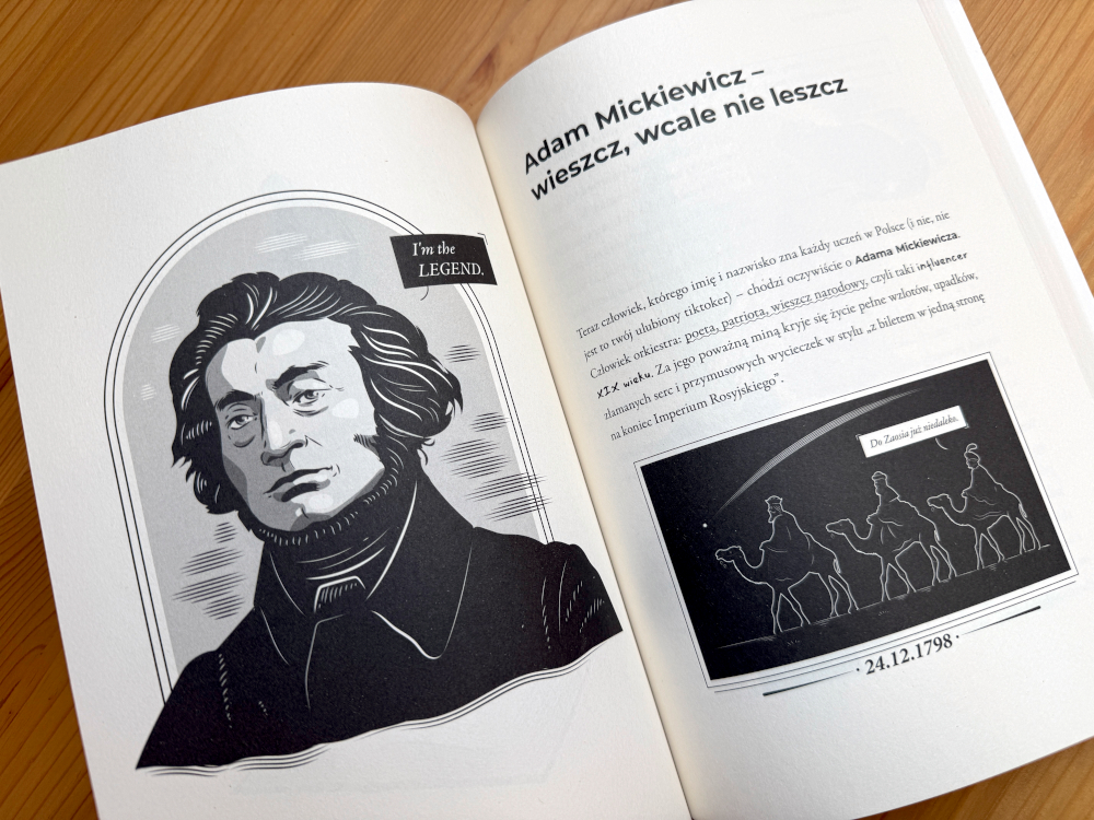 Strona książki Zemsta na lekturach. Portret Mickiewicza w ramce oraz rycina z postaciami na wielbłądach.