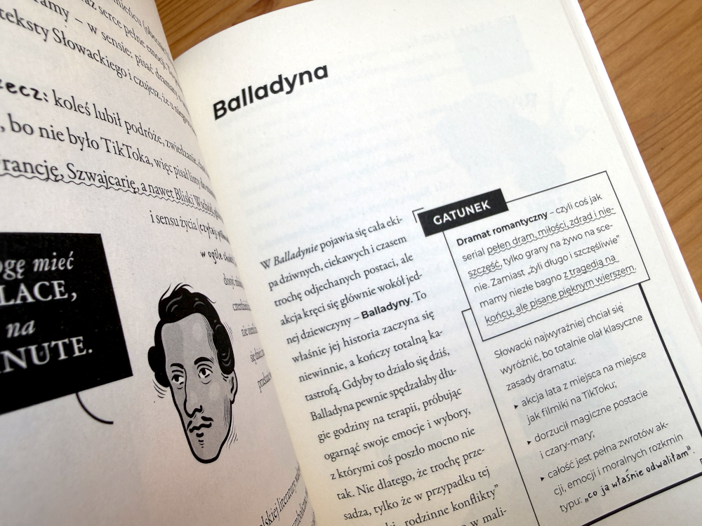 Zemsta na lekturach: strona o Balladynie z portretem Słowackiego i tabelą gatunku w nowoczesnym układzie graficznym.