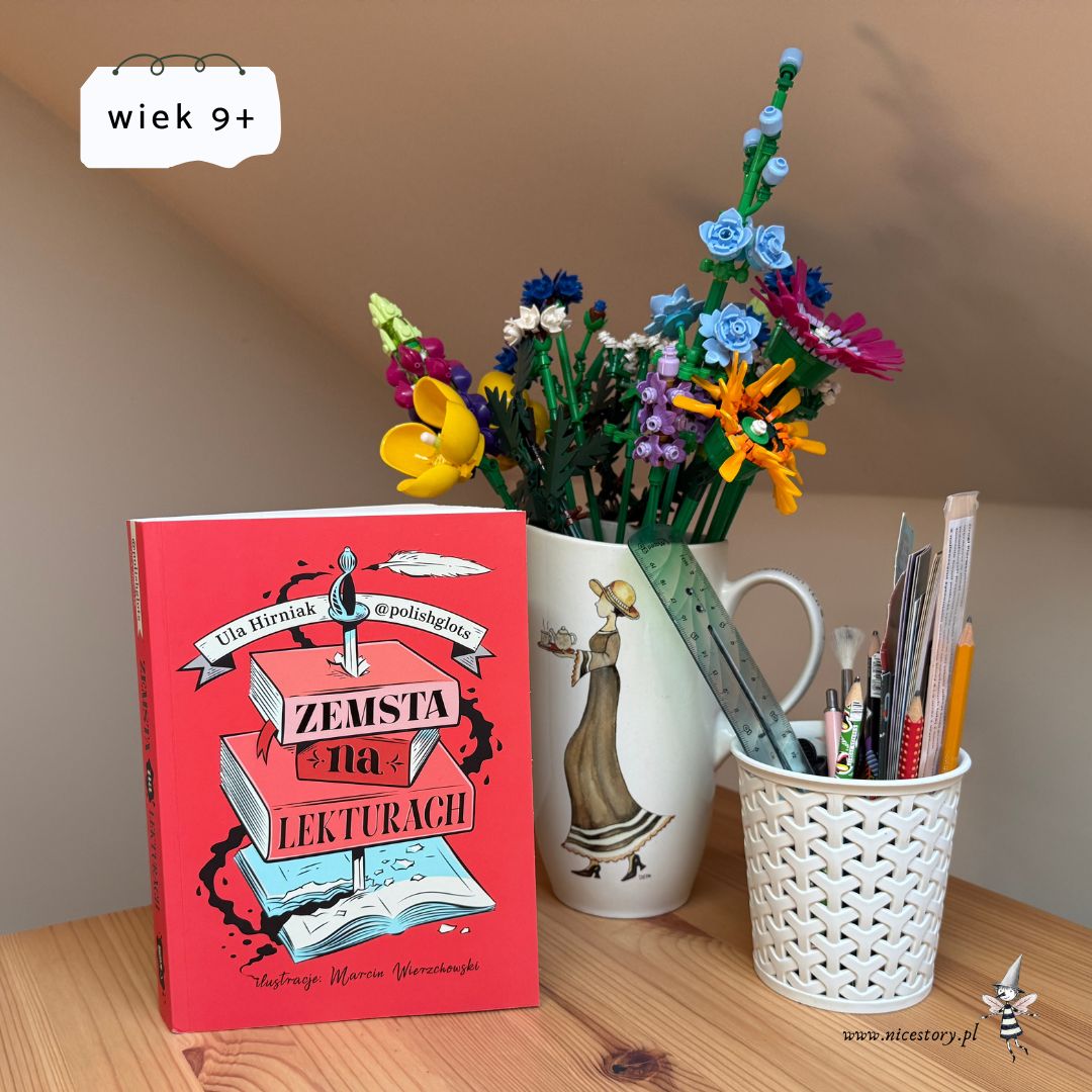 Okładka książki Zemsta na lekturach. Tytuł na jednolitym tle z nowoczesną, komiksową ilustracją postaci literackiej.