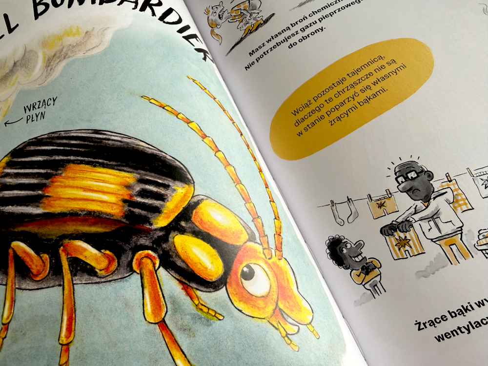 Ilustracja Strzel bombardier pokazująca jak wyrzuca wrzący płyn