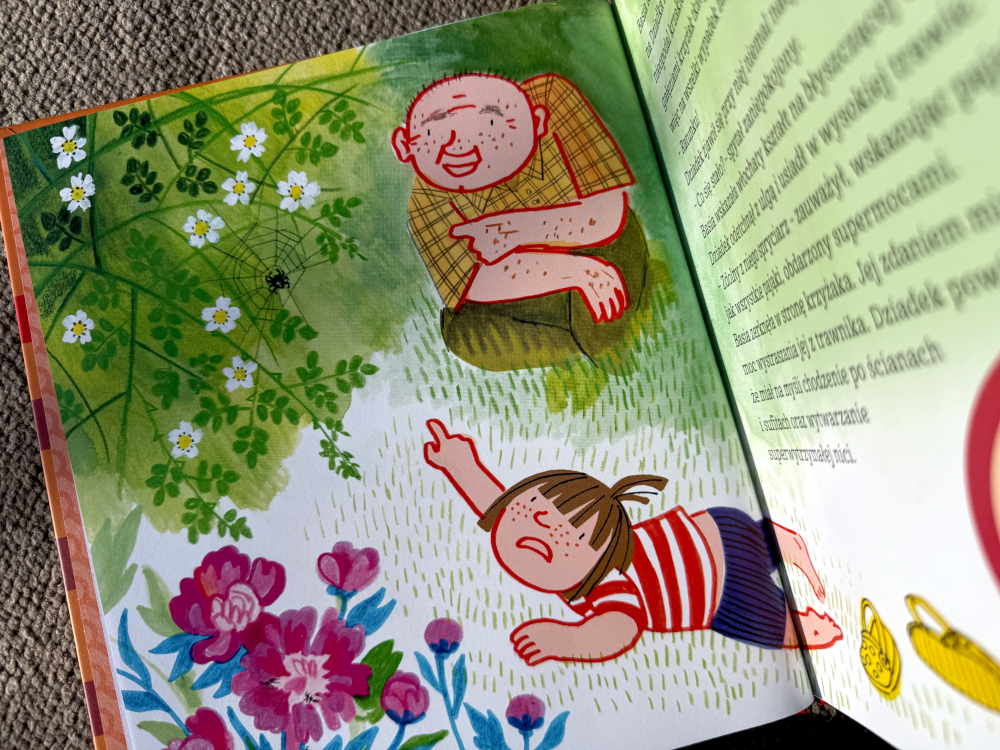 Basia z dziadkiem oglądają pajęczynę i pająka - ilustracja z książki Super Moce zwierząt