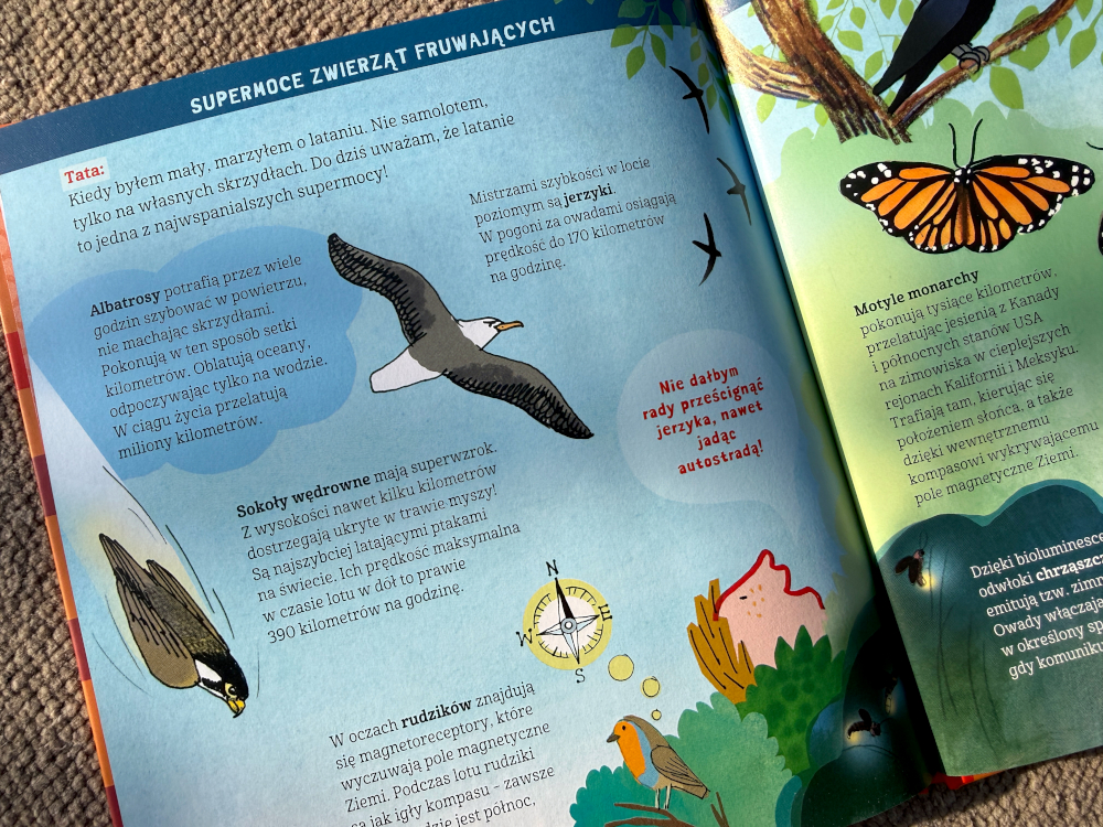 Strona z książki Basia Supermoce zwierząt - informacje o zwierzętach latających