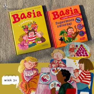 Okładka książki Basia i jedzenie – kolorowa ilustracja bohaterki oraz elementy związane z jedzeniem i codziennością dziecka